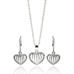 Silver 925 Rhodium Plated Open Heart Stripe CZ Stud Earring and Necklace Set